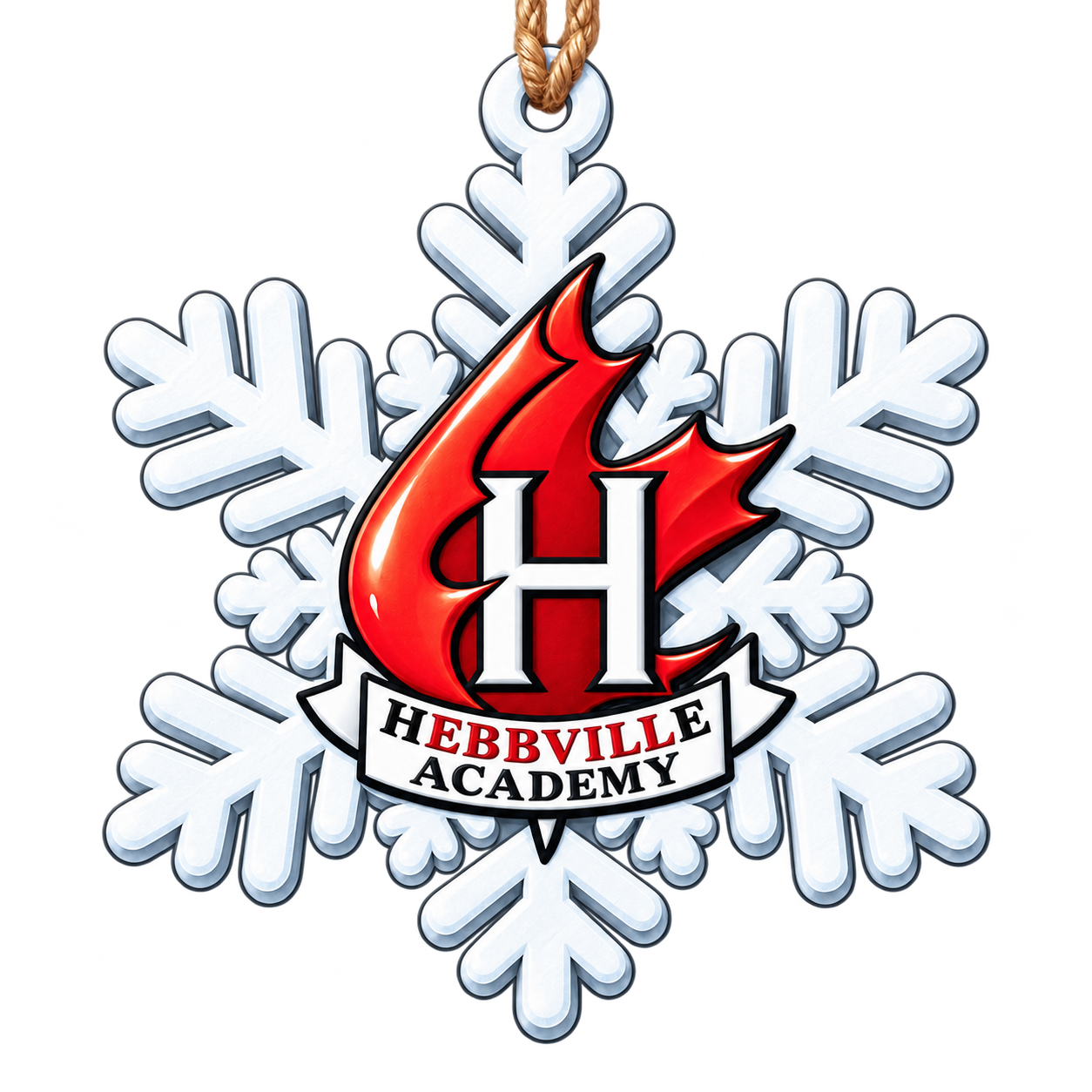 Cartoon white snowflake ornament with the red Hebbville Academy flame and H crest